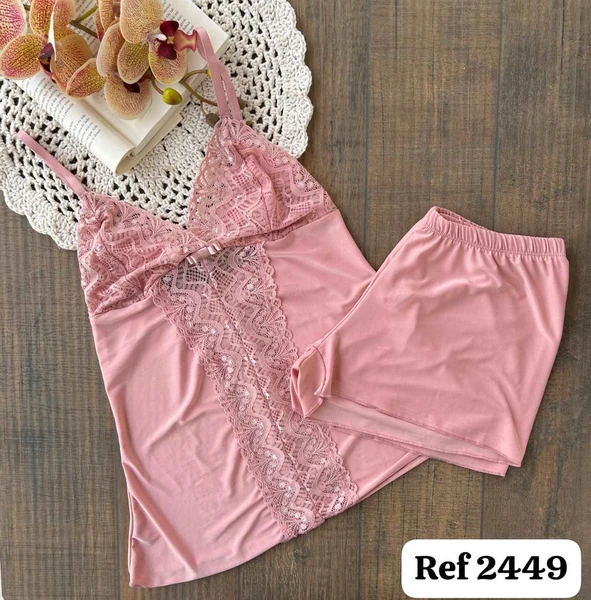 Baby doll em liganete, com detalhes em renda no bojo e na frente - Cod.2449