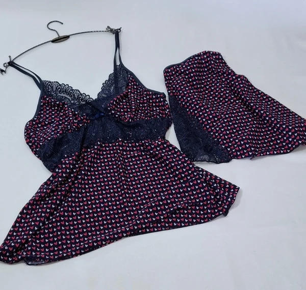 Baby doll em liganete de poliamida e renda (azul com rosa) -  Cod. 4010
