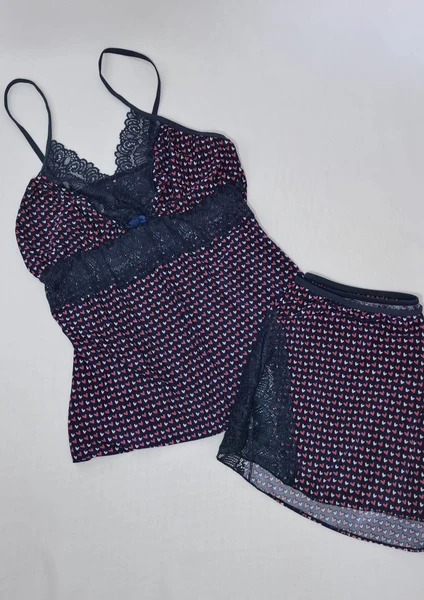 Baby doll em liganete de poliamida e renda (azul com rosa) -  Cod. 4010