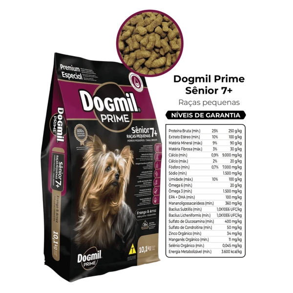 Ração Dogmil Prime para Cães de Pequeno  Porte Sênior(7+)  Sabor Frango & Arroz 25% Proteínas  -10.1kg