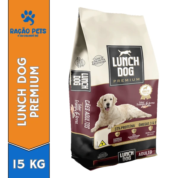 Ração Lunch Dog Premium para Cães Adultos Sabor Frango & Arroz 22% Proteínas - 15kg
