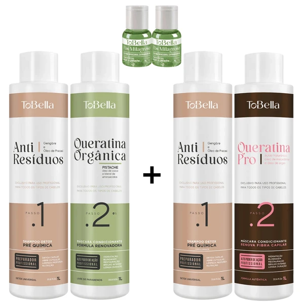 Kit Profissional ToBella | Kit Progressiva Queratina Pro + Kit Queratina Orgânica + Brinde | 4x1l