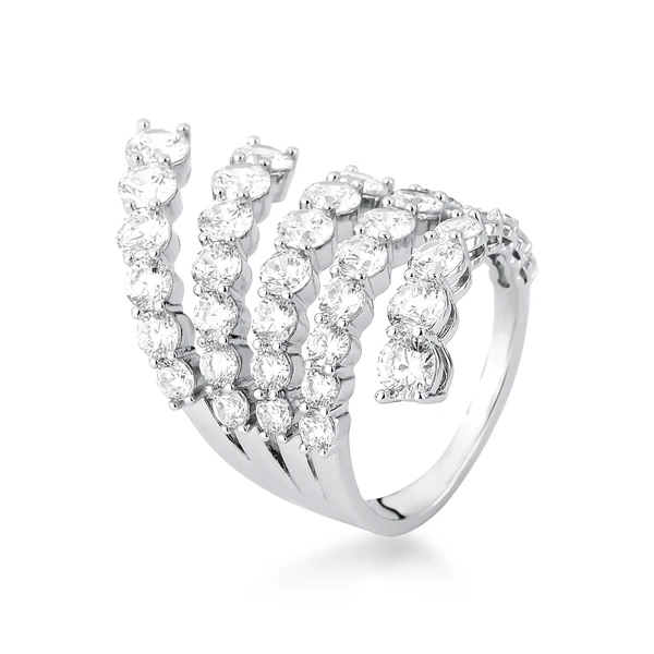 Anel Feminino em ródio branco com Zircônias Cravejadas Múltiplas Fileiras - Luxo e Brilho Intenso