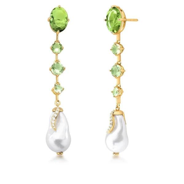 Brinco longo pedra, pérola barroca, zircônia pêndulo oval redondo Dourado Banhado a Ouro 18k Elegante Presente Feminino