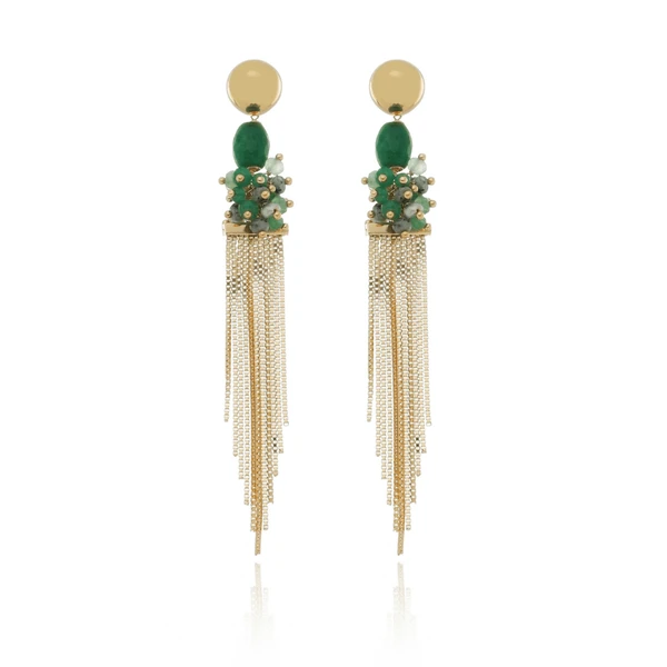 Brinco longo pedras naturais de jades esmeralda, pérolas naturais de água doce na cor Acqua e detalhe de franja Dourado Banhado a Ouro 18k Elegante Presente Feminino
