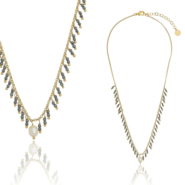 Colar Feminino Dourado com Hematita Grafite e Pérola Natural Elegante