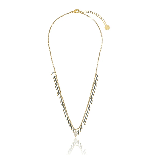 Colar Feminino Dourado com Hematita Grafite e Pérola Natural Elegante