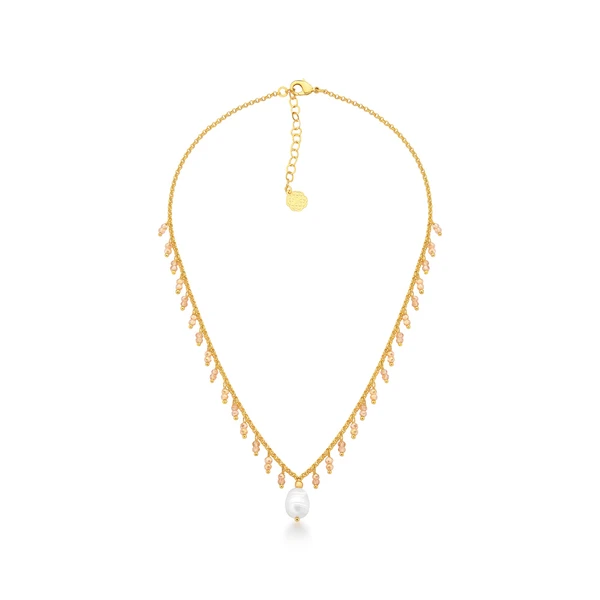 Colar Feminino Dourado com cristais âmbar e pérola barroca elegante