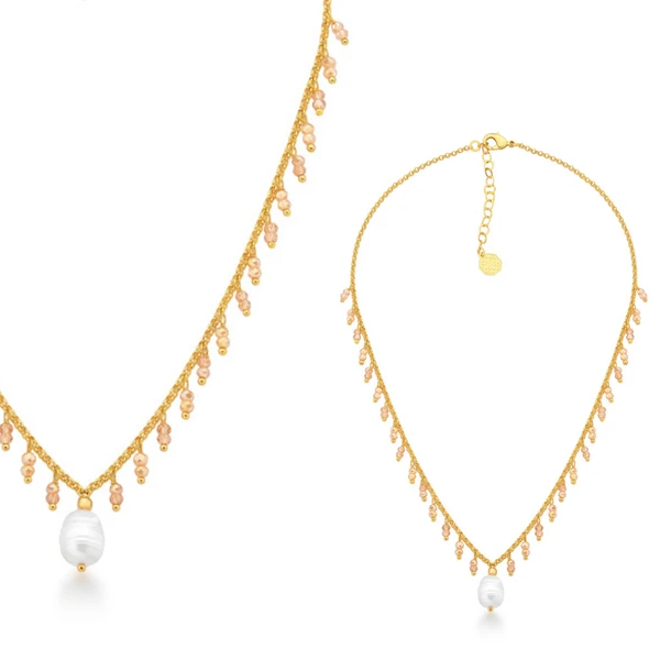 Colar Feminino Dourado com cristais âmbar e pérola barroca elegante