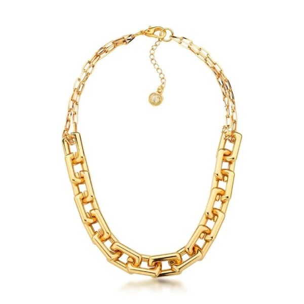 Colar Feminino de elos retangulares Dourado Banhado a Ouro 18k Elegante Presente Feminino