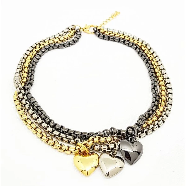 Colar Feminino dourado, prata e ródio negro com pingentes corações Dourado Banhado a Ouro 18k Elegante Presente Feminino