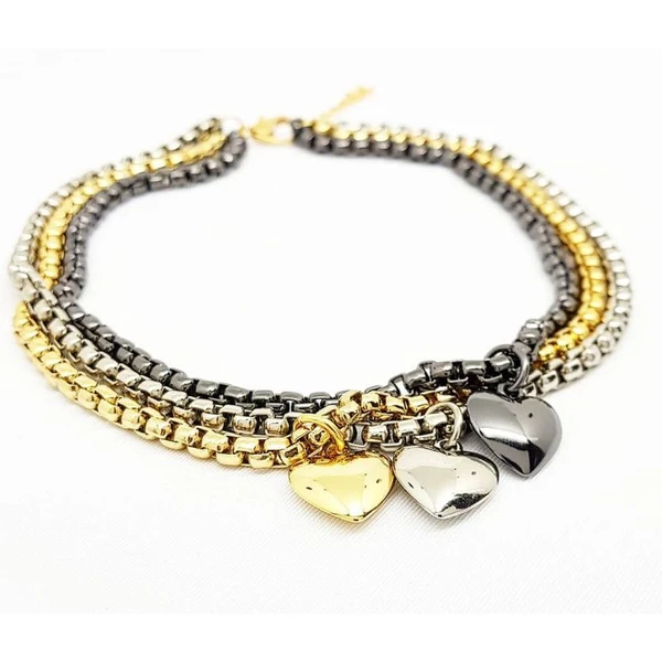 Colar Feminino dourado, prata e ródio negro com pingentes corações Dourado Banhado a Ouro 18k Elegante Presente Feminino