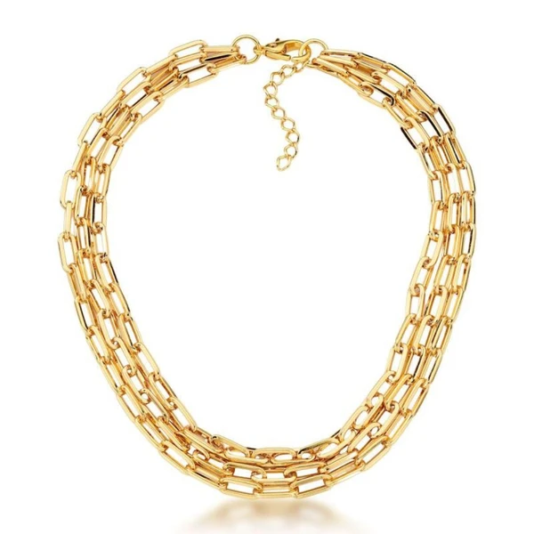 Colar Feminino em elos em três fios Dourado Banhado a Ouro 18k Elegante Presente Feminino