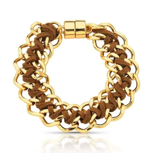 Pulseira Feminina corrente e camurça trançada Dourado Banhado a Ouro 18k Elegante Presente Feminino