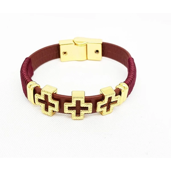 Pulseira Feminina de Couro com Cruz Dourada Banhada a Ouro 18k Delicada