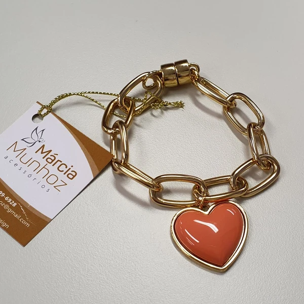 Pulseira Feminina de Elos com Pingente Coração Dourado Banhado a Ouro 18k