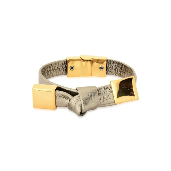 Pulseira Feminina de couro com metais com Detalhes Dourados Banhados a Ouro 18k Elegante Presente Feminino