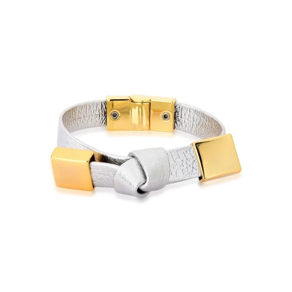 Pulseira Feminina de couro com metais com Detalhes Dourados Banhados a Ouro 18k Elegante Presente Feminino