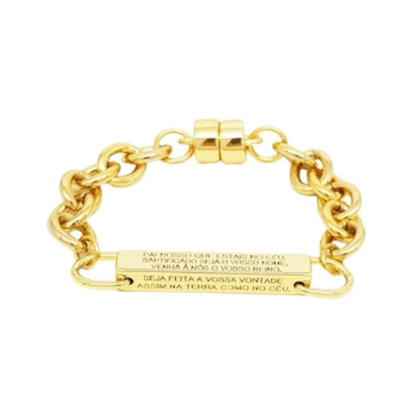 Pulseira Feminina de elos Pai Nosso Dourado Banhado a Ouro 18k Elegante Presente Feminino