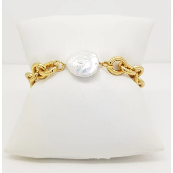 Pulseira Feminina de elos com fecho de imã e pérola barroca Dourado Banhado a Ouro 18k Elegante Presente Feminino