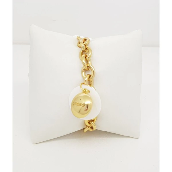 Pulseira Feminina de elos com pingente de madrepérola Dourado Banhado a Ouro 18k Elegante Presente Feminino