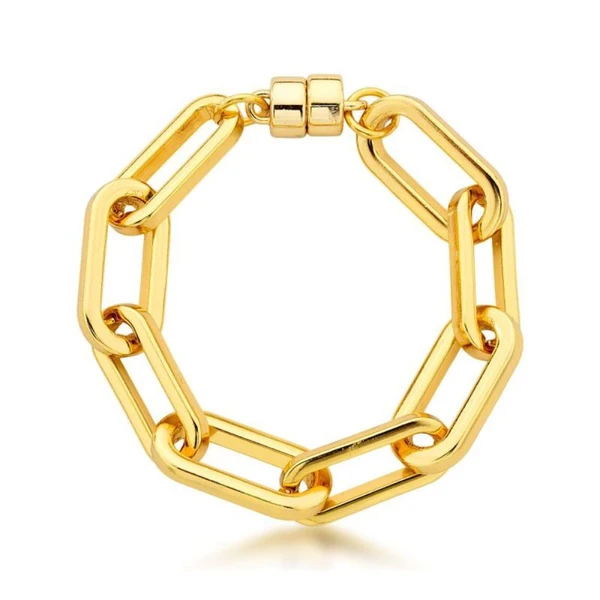 Pulseira Feminina de elos largos Dourado Banhado a Ouro 18k Elegante Presente Feminino