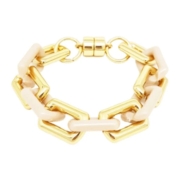 Pulseira Feminina de elos largos bege Dourado Banhado a Ouro 18k Elegante Presente Feminino