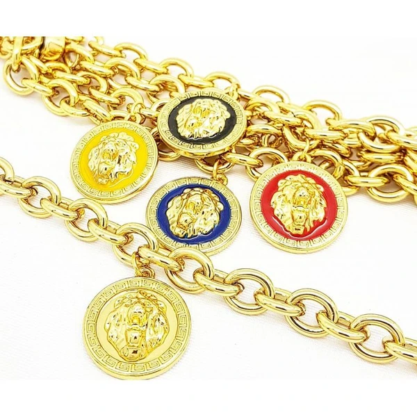 Pulseira Feminina de elos redondos com pingente leão Dourado Banhado a Ouro 18k Elegante Presente Feminino