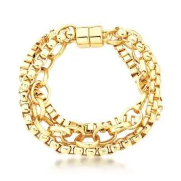 Pulseira Feminina mix de correntes com fecho de imã Dourado Banhado a Ouro 18k Elegante Presente Feminino