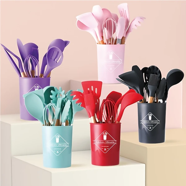 Kit 12 Utensílios de Cozinha Peças de Silicone e Cabo de Madeira Madeira Resistentes