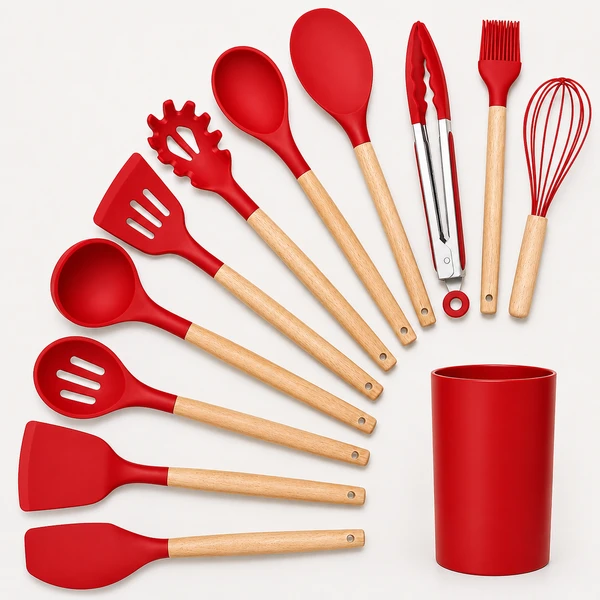 Kit 12 Utensílios de Cozinha Peças de Silicone e Cabo de Madeira Madeira Resistentes