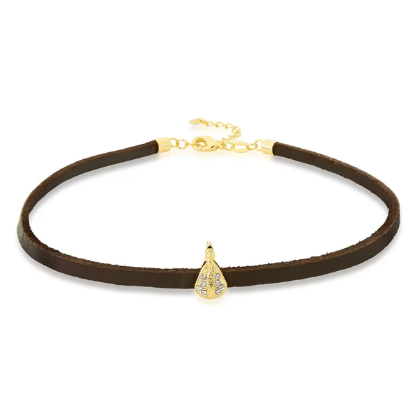 Colar Choker de Couro Marrom Nossa Sra. Aparecida Revestido em Ouro