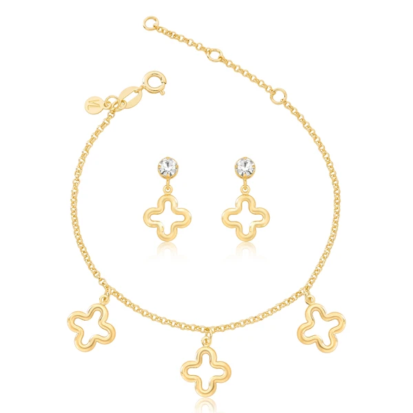 Conjunto Trevo Brinco e Pulseira Revestido em Ouro