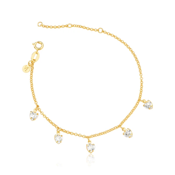 Pulseira Corações de Zircônias Revestida em Ouro
