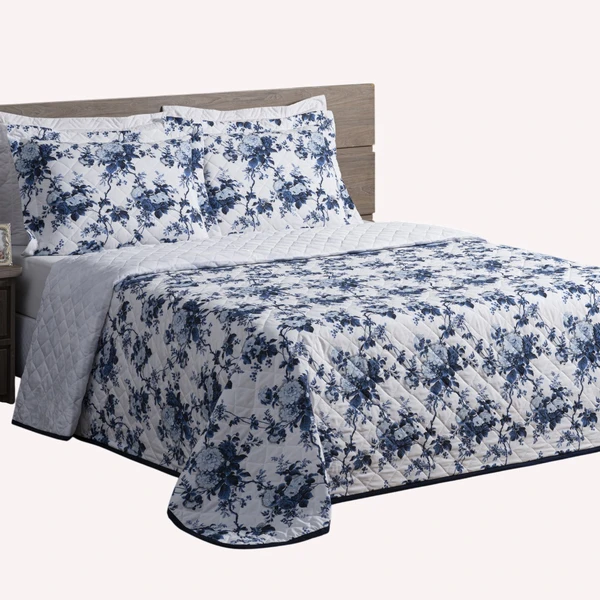 Cobre Leito Queen Amy 3 pçs 100% Algodão - Fl_Azul