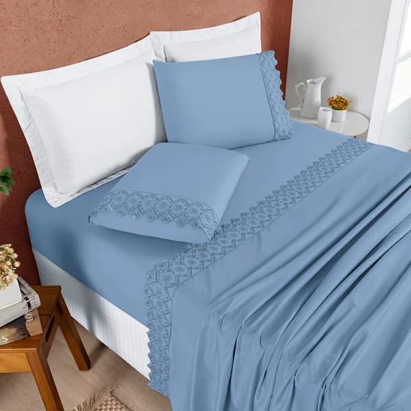 Jogo Cama Casal Cherry Bordado Inglês 4pç Percal 200 fios - Ice blue