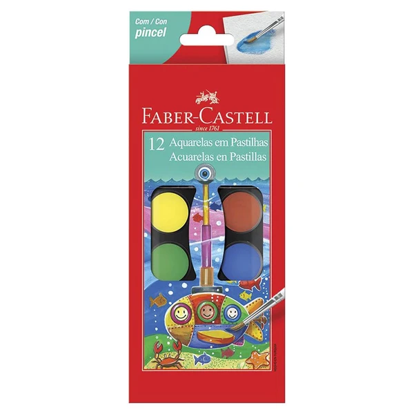 Aquarela escolar com pincel 12 cores Faber-Castell