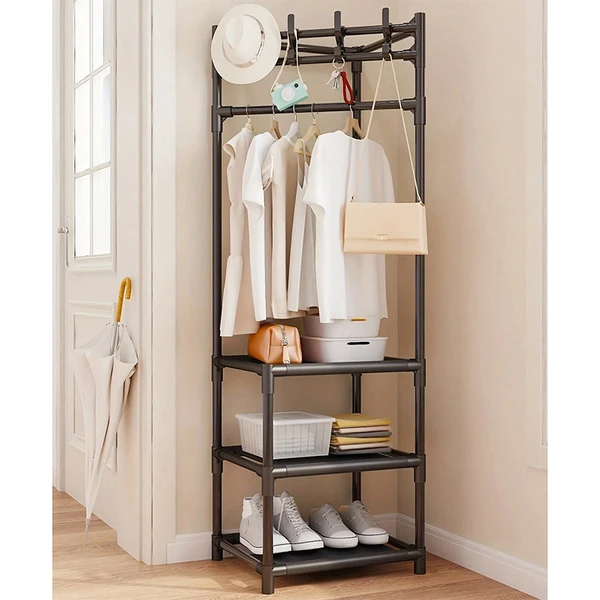 Arara multiuso de canto com haste para cabides, ganchos e prateleiras 43x43x170