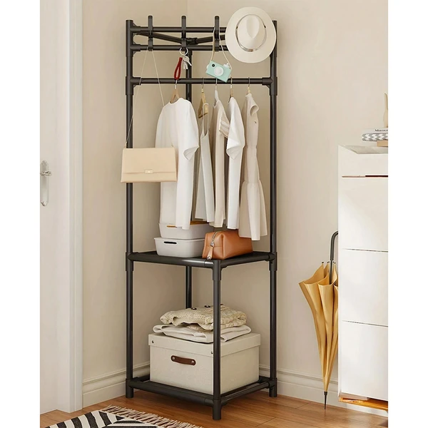 Arara multiuso de canto com haste para cabides, ganchos e prateleiras 43x43x170