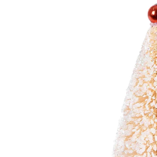 Árvore de Natal creme com glitter flocado, base de madeira e decorada com bolas Grillo 16 cm