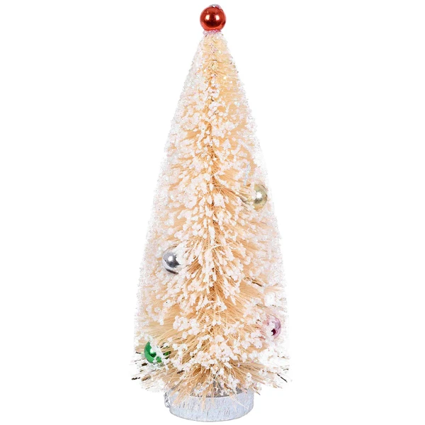 Árvore de Natal creme com glitter flocado, base de madeira e decorada com bolas Grillo 16 cm