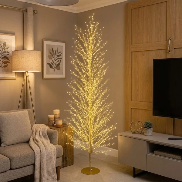 Árvore de Natal dourada com fio de fada quente e base metálica redonda 2000 LEDs 1,80 metros (bivolt)