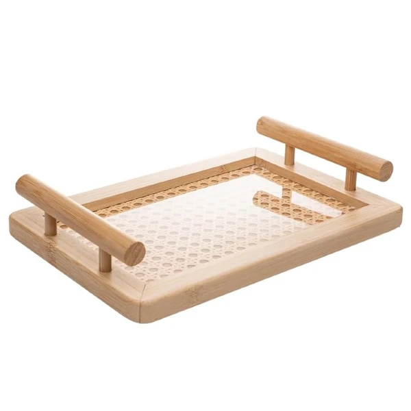 Bandeja de bambu com fundo de palha indiana e base acrílica M 33x21,5