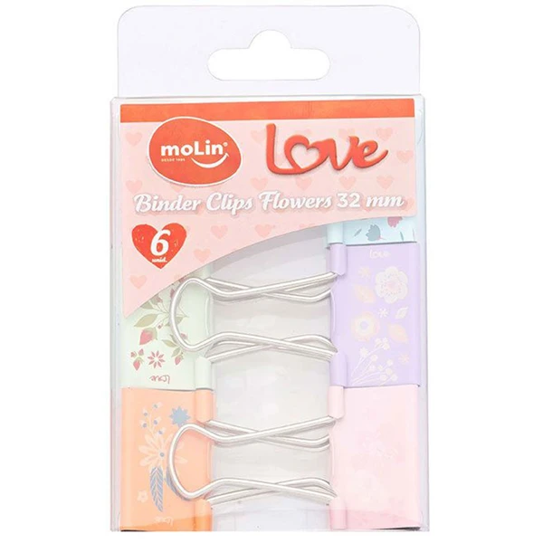Binder Clips prendedor para papel Love Flowers Molin 32 mm 6 peças