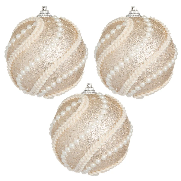 Bola de Natal champanhe com glitter, aplicação de pérolas e cordão trançado 8 cm 3 unidades