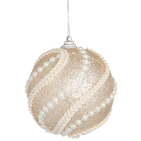 Bola de Natal champanhe com glitter, aplicação de pérolas e cordão trançado 8 cm 3 unidades