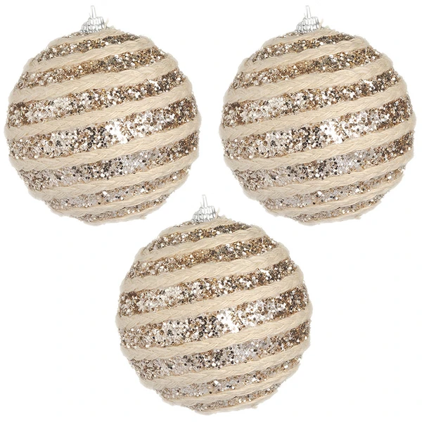 Bola de Natal champanhe com glitter flocado e cordão trançado 8 cm 3 unidades