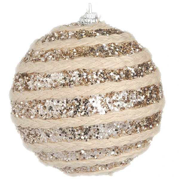 Bola de Natal champanhe com glitter flocado e cordão trançado 8 cm 3 unidades