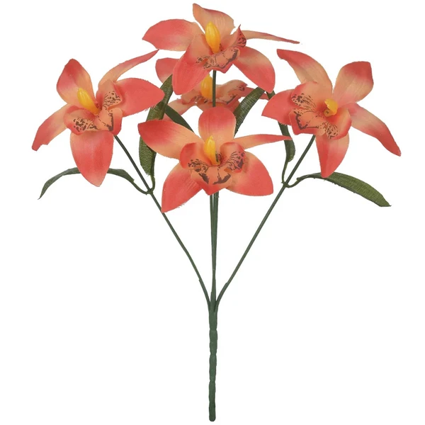 Buquê de Orquídea Dendrobium laranja com folhagem x5 32 cm