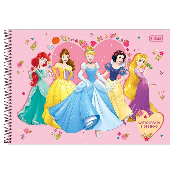 Caderno espiral de cartografia e desenho Princesas Disney 80 folhas - capas sortidas